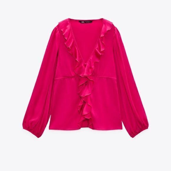NEW ZARA‎ WOMAN SIZE L RUFFLED BLOUSE TOP FUCHSIA V NECK LONG SLEEVE - Picture 3 of 8